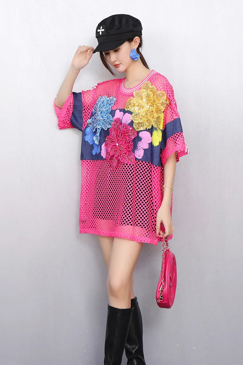 2025 Spring Summer New Fashion Women Mesh Flower Loose T-shirts Short Sleeve Top Female Wholesale J1187