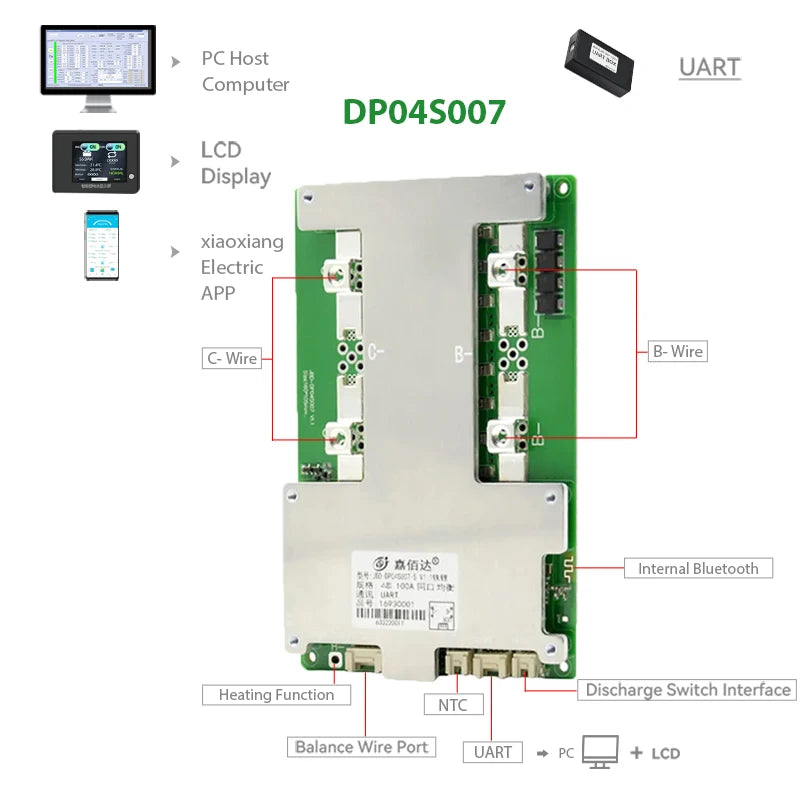 JBD Smart BMS LiFePo4 4S 12V 100A 150A 200A Car Start Power UART Built-in BT Function NMC LFP Battery Balance Protection Board