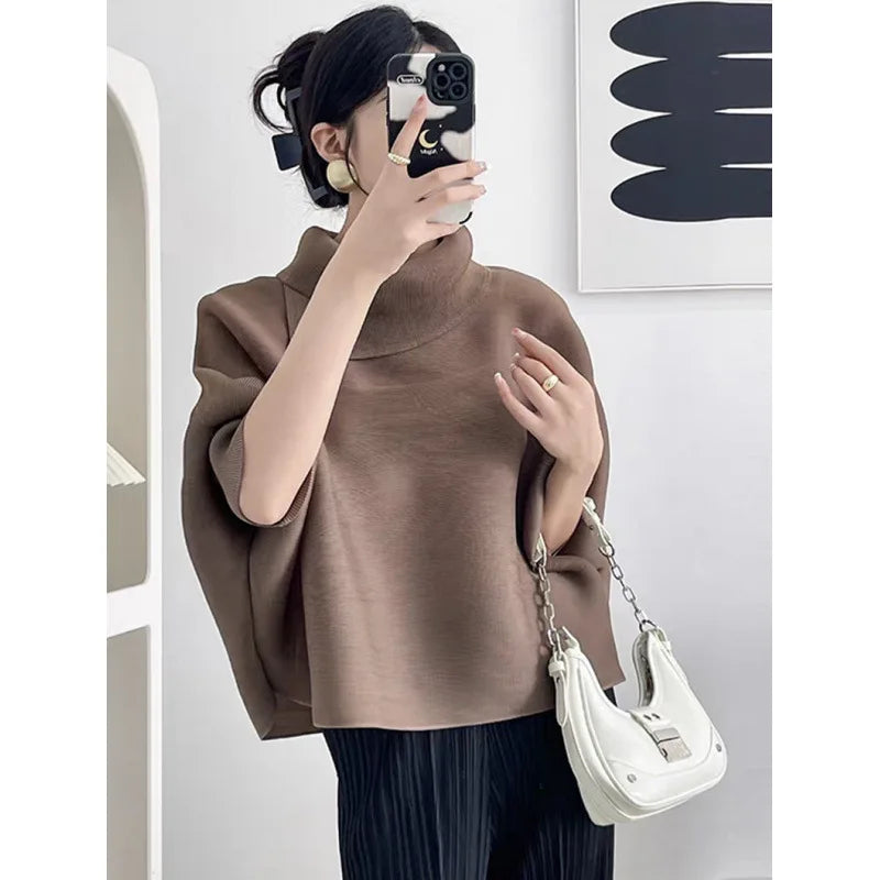 Miyake Pleated Scarf Collar Top 2026 New Simple Casual Batwing Sleeve Top T-Shirt Women's Plus Size Stretch Fashion Clothing