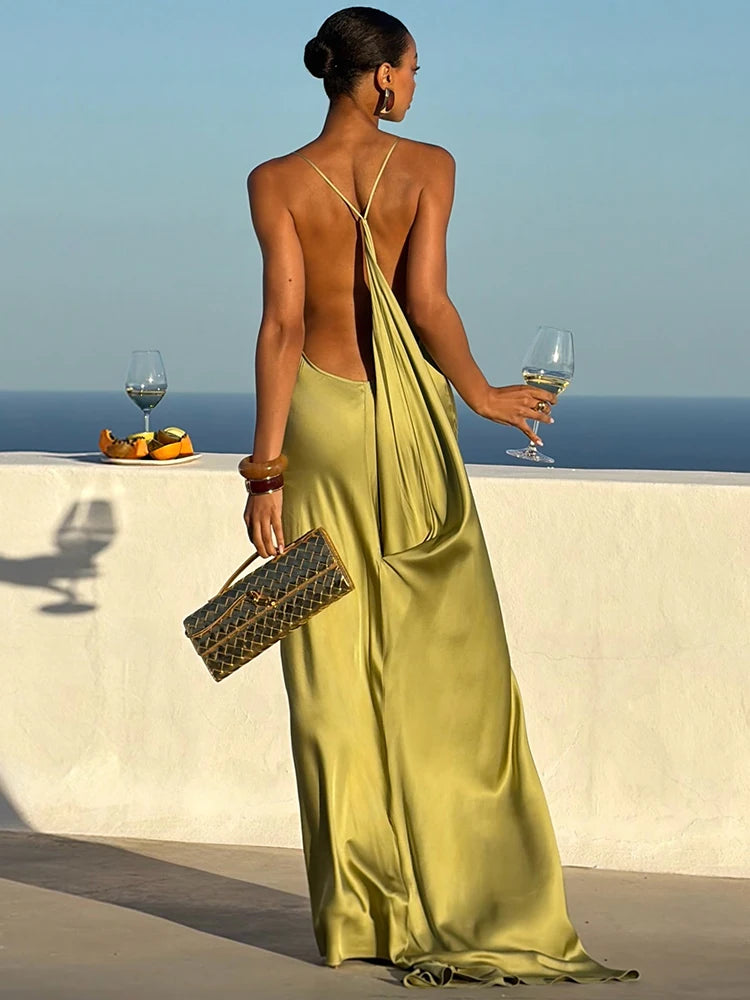 Sexy Satin Ruffles Sling Long Dress Women Ribbon Sleeveless Backless Split Dresses Lady 2026 Summer New Party Club Robes