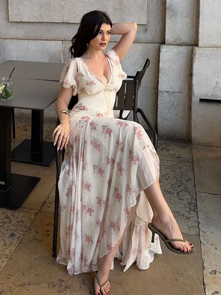 Floral Print Lace Trim Flutter Sleeve Maxi Dress Deep V-Neck High-Low Chiffon 2026 Summer Chic Romantic Women Feminine Gown