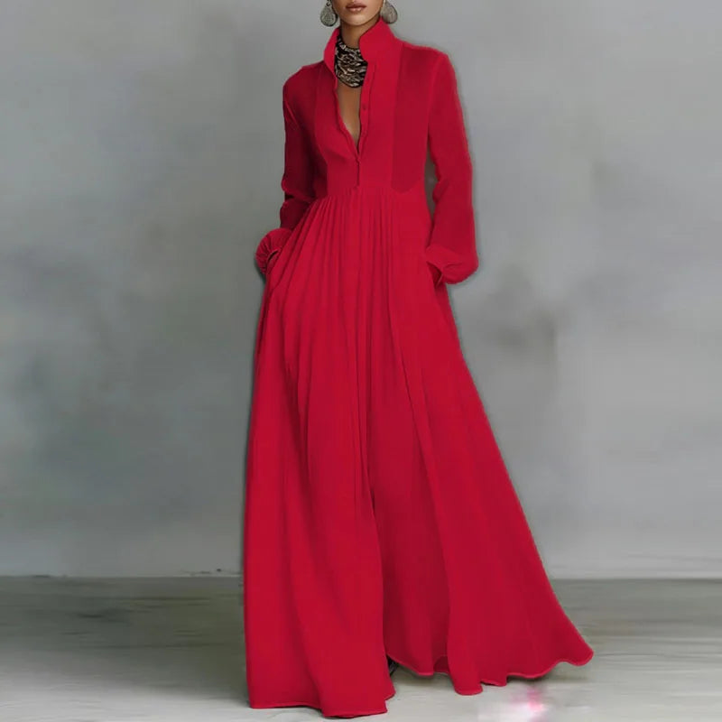 Spring Elegant Pocket Maxi Shirt Dress Women Long Sleeve Button-Down Flowy A-Line Dress Summer Beach Vacation Boho Party Dresses