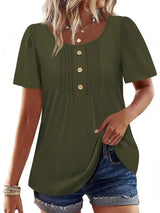 Womens Casual Short Sleeve Top With Snowflake Print Front Button Pleated Design