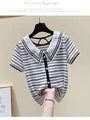 Summer New Chromatic Stripe Doll Collar Short Sleeve T-Shirt Female Small Sweet Wind Design Feeling Hollow Out Backless Coat