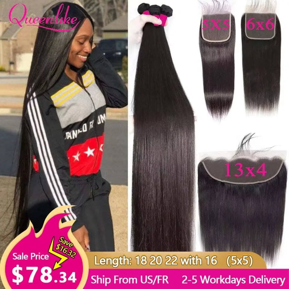 Queenlike 5x5 Lace Closure With Bundles Brazilian Weave 30 40 Inch Straight Human Hair Bundles With 6X6/13X4 Frontal Closures