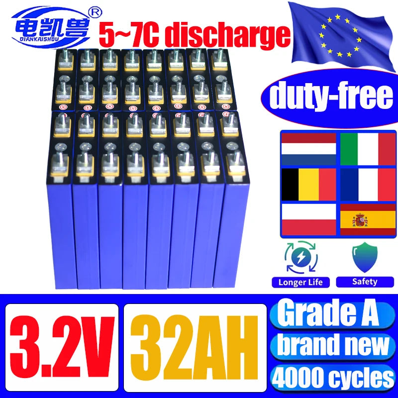 New Grade A LiFePO4 3.2V 32Ah Lithium Iron Phosphate Battery DIY 12V 24V 48V Motorcycle Motor Modification and Charging Battery