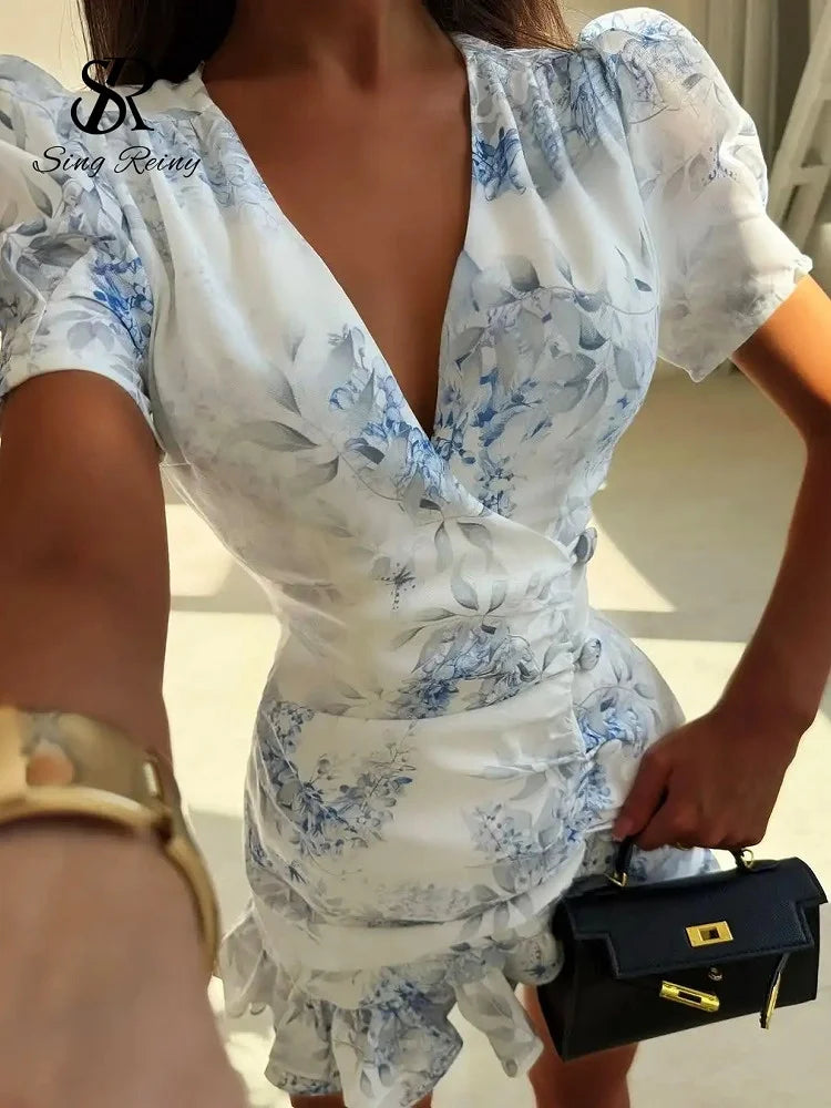 SINGREINY Elegant Floral Printed Mini Dress Women V-neck Short Sleeves Hotsweet Ruffle Sundress 2026 Lady Summer Vacation Dress