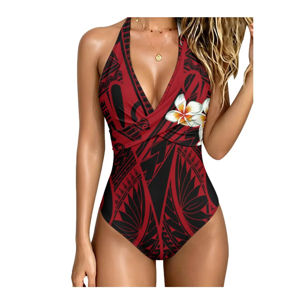 Polynesian Lady Custom Tribal Design Floral Print Beachside And Seaside Wrap-Around Swimsuit With Neck Coverage Sexy Bikini
