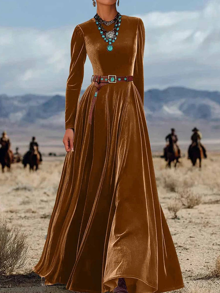 O Neck Solid Patchwork Chic Maxi Dress, Spring Autumn Women Casual Long Sleeve Party Dress, 2025 New Holiday Simple Ladies Dress