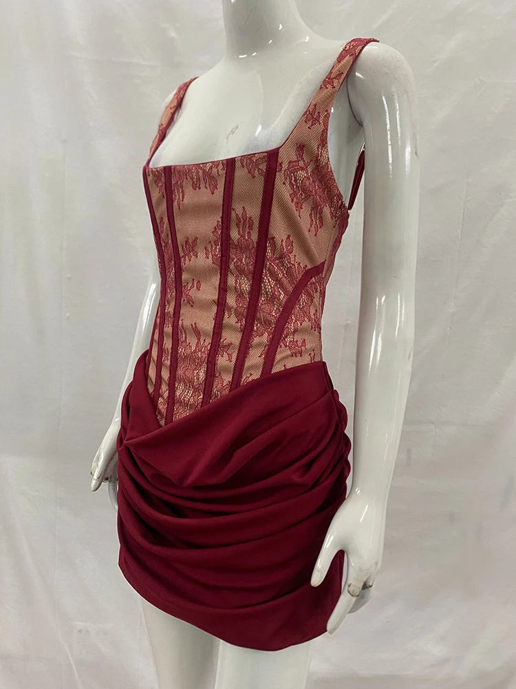 Mozision Lace Corset Mini Dress Women Square Neck Wide Strap Ruched Satin Bodycon Short Dress Club Party Cocktail Vestidos