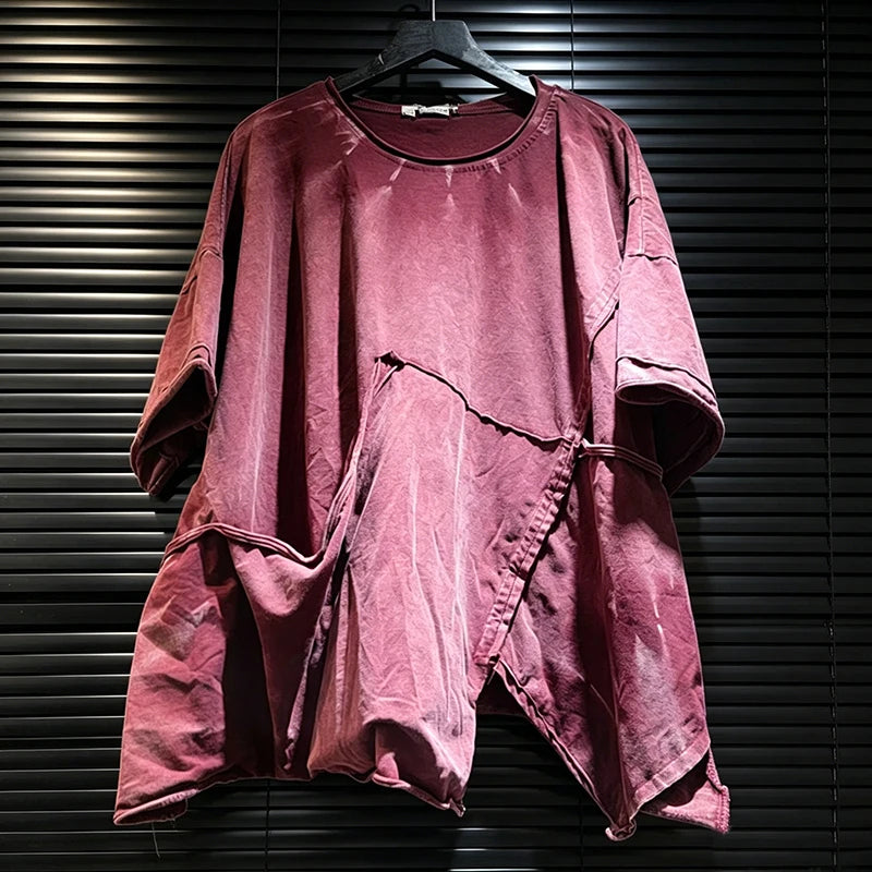 DEAT 2026 Summer Distressed Washed Deconstructed T-shirt With Patchwork Design Asymmetrical Hem Loose Short-sleeved Top 11B467