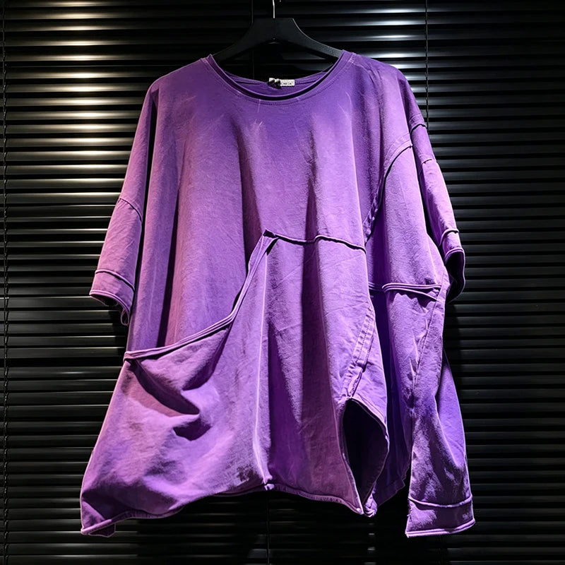 DEAT 2026 Summer Distressed Washed Deconstructed T-shirt With Patchwork Design Asymmetrical Hem Loose Short-sleeved Top 11B467