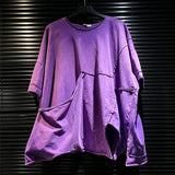 DEAT 2026 Summer Distressed Washed Deconstructed T-shirt With Patchwork Design Asymmetrical Hem Loose Short-sleeved Top 11B467