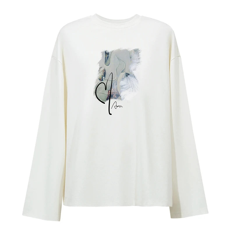 Amii Long Sleeve T Shirt 2026 New Arrival Autumn Soft Fabric Printed Embroidery Crew Neck Loose Fit Casual Women Top 12623029