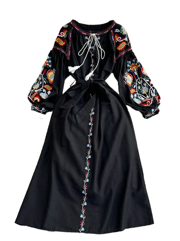 Retro Ethnic Sle Long Sve Embroidered round Ne A-Line Cotton Linen Dr Slimming Waist Cinched Ele Long Dr