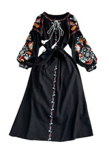 Retro Ethnic Sle Long Sve Embroidered round Ne A-Line Cotton Linen Dr Slimming Waist Cinched Ele Long Dr