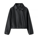European and American style women's fashion loose-fit long-sleeve leather jacket with a collar