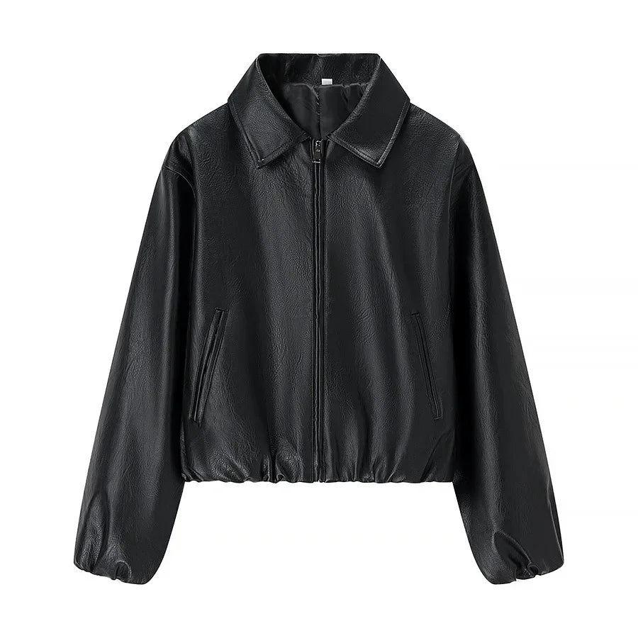 European and American style women's fashion loose-fit long-sleeve leather jacket with a collar