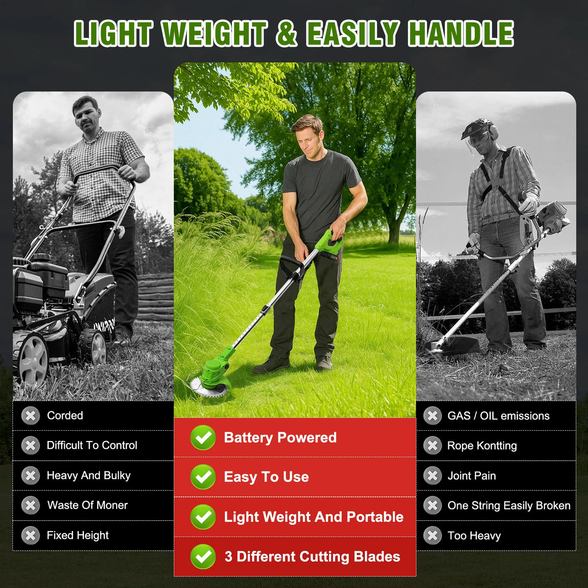 2-in-1 Cordless Electric Lawn Mower Brushless Edger Eater Grass String Trimmer Cutter 650W 18000 RPM With 24V Two Battery Adjustable For Garden Tool