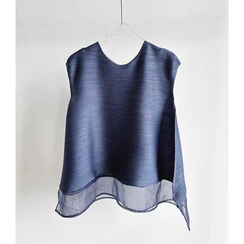 Miyake Light Purple Pleated Women's T-shirt Double Layer Crew Neck Sleeveless Casual Daily Meash Patchwork Hem Tee