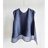 Miyake Light Purple Pleated Women's T-shirt Double Layer Crew Neck Sleeveless Casual Daily Meash Patchwork Hem Tee