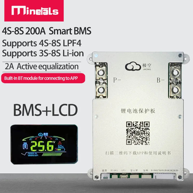 Active BMS 4S 5S 6S 7S 8S 200A Smart BMS 2A Active Balance Energy Transfer Built-in Bluetooth APP LCD 12V 24V 3S Jikong BMS PCM