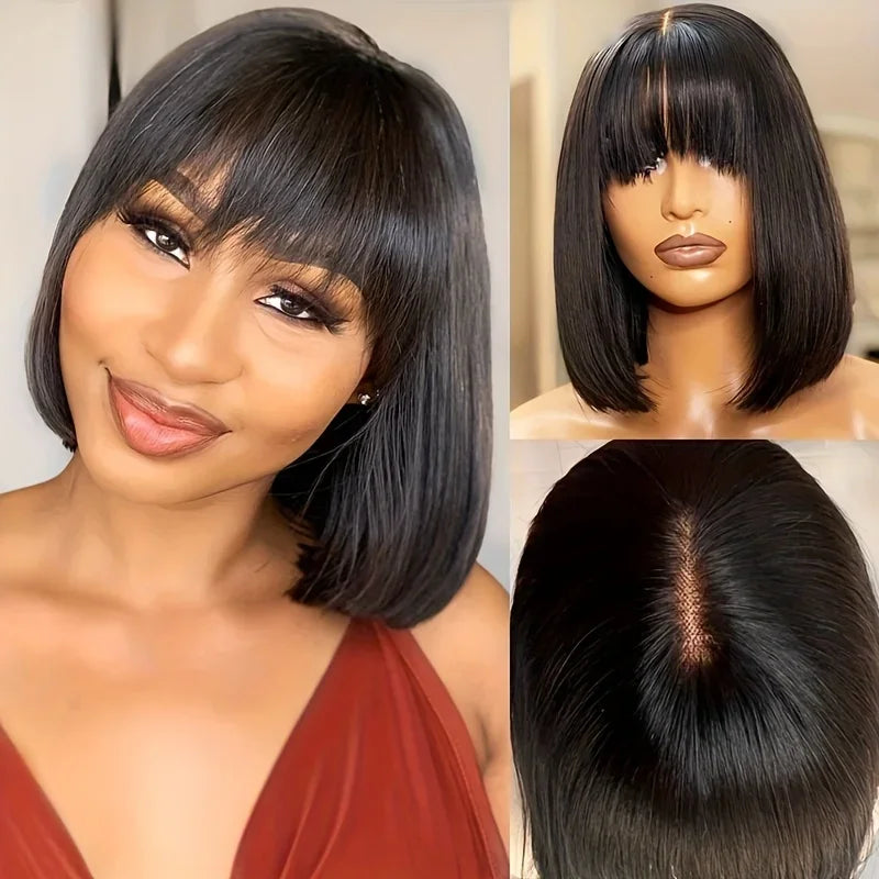 Straight Short Bob Human Hair Wigs With Bangs Fringe 3x1 Middle Part Lace Wigs Realistic Scalp Brazilian Remy Hair For Women