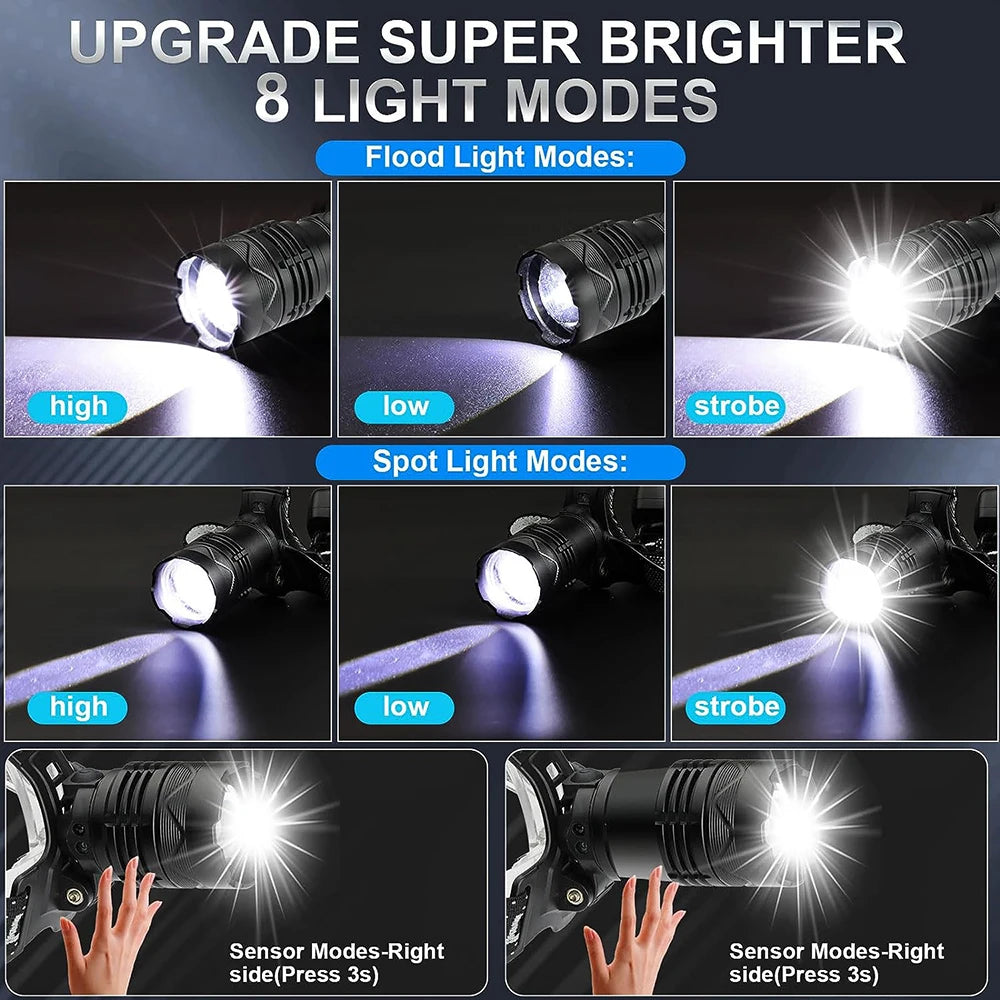2025 New Super Powerful Headlamp 800W LED IR Sensor Headlight Rechargeable Head Flashlight 5000 Meter Head Lamp Fishing Lantern