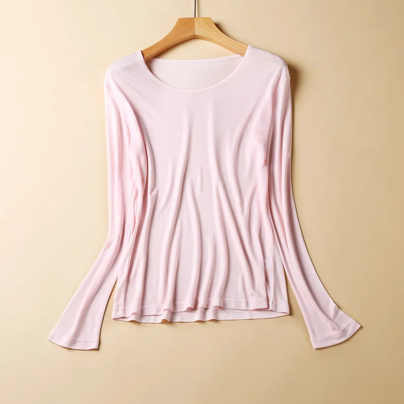2025 Fashion New Mulberry Silk Long Sleeve Bottoming Shirt Women's Silk Knitted Solid Color Round Neck Bottoming Shirt