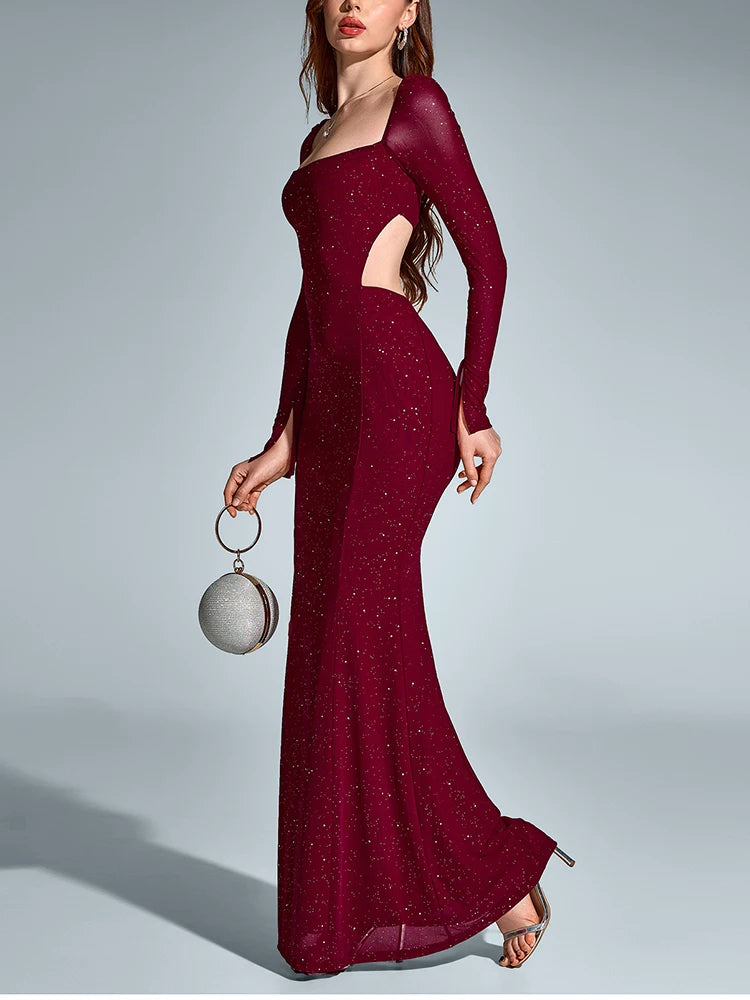 NewAsia Women's Long Sleeve Cut Out Sequin Long Dress Side Slit Backless Bodycon Fashion Club Party Maxi Dresses Wine