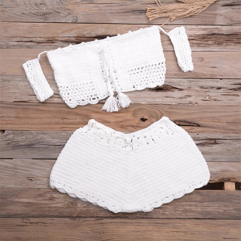 Knit Bikini Set for Women, Sexy Off Shoulder, Crop Top and Shorts, Brazilian Beachwear, Crochet Swimwear, Summer Shorts, 2 PCs