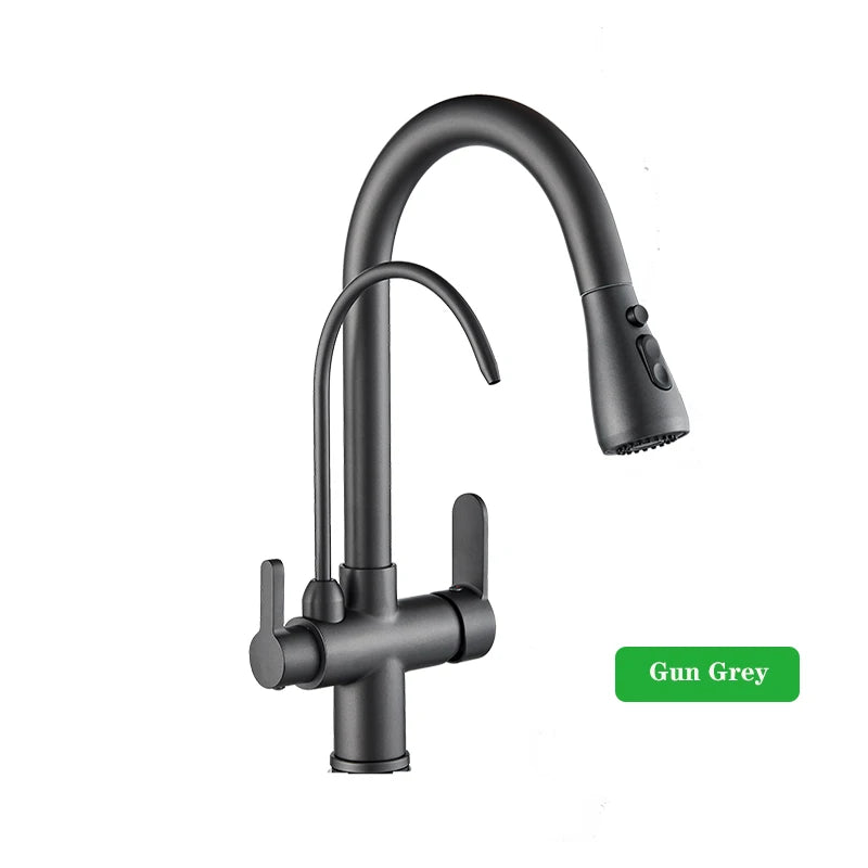 Brushed Nickel Filtered Crane For Kitchen Pull Out Spray 360 Rotation Water Filter Tap Three Ways Sink Mixer Kitchen Faucet