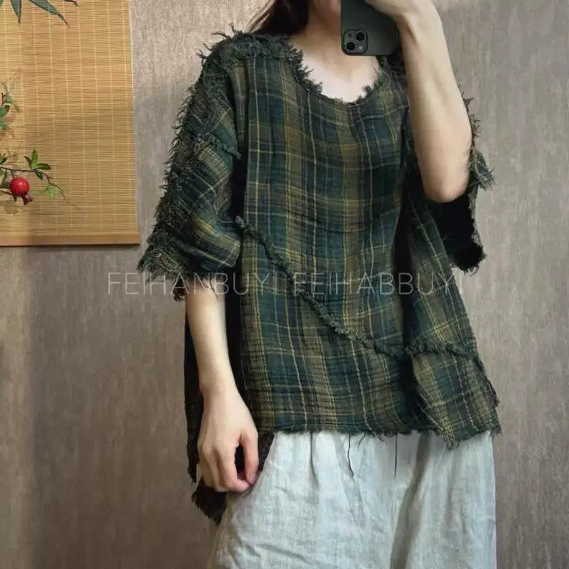 2026 New Arrival Summer Arts Style Women Batwing Sleeve Vintage Loose Tops Tees Patchwork Design Cotton Linen Plaid T-shirt F69
