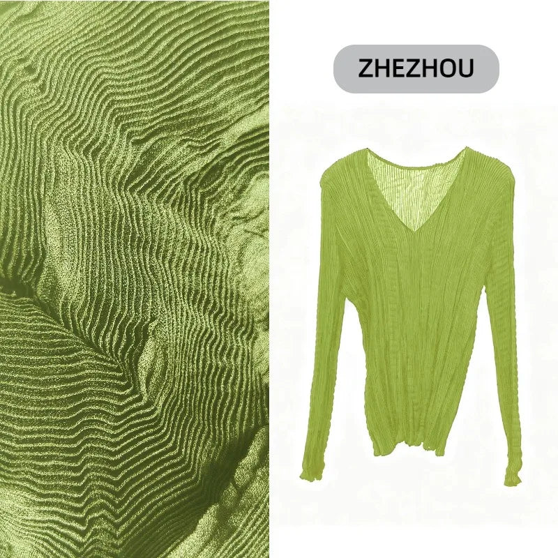 Miyake Pleated T-shirt 2025 Fall New Solid Color Bottoming Shirt Female Slim Thin Pleats Simple V-neck Inner Top Thin Clothing