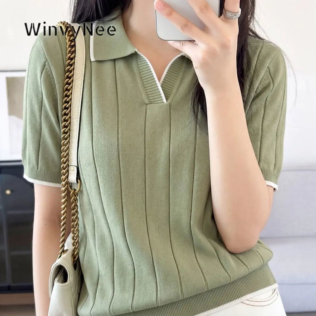 WinvyNee Summer Women's Cotton Polo Collar Short Sleeve T-Shirt Casual Cotton Tops Women Clothing Knitted Pullover A1092079A