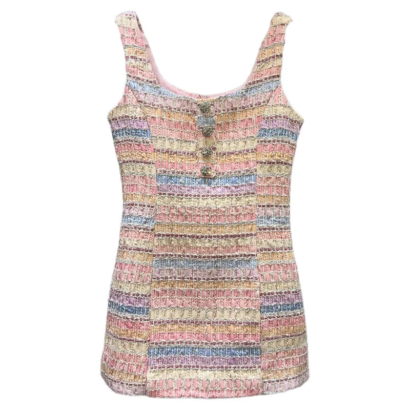 DEAT Fashion Diamond Flower Buckle Woven Tweed Dresses For Women Elegant Contrast Color Sleeveless Dress Female 11A04140