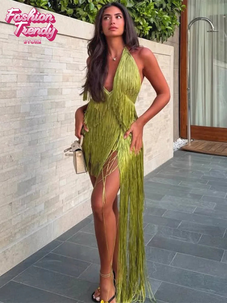 Solid Off Shoulder Fringe Short Dress Women Halter Sexy Backless Layered Tassel Floor-length Dresses Lady Party Evening Gown New