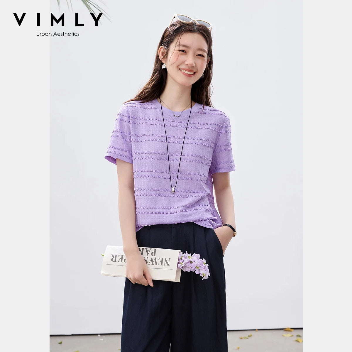 VIMLY Women's Office Short Sleeve T-Shirt 2026 Summer Tee Minimalist Textured Lace Stripe Patch Loose Casual Crew Neck Top A1832