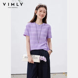 VIMLY Women's Office Short Sleeve T-Shirt 2026 Summer Tee Minimalist Textured Lace Stripe Patch Loose Casual Crew Neck Top A1832