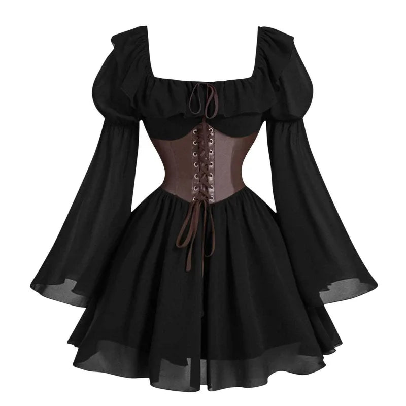 Renaissance Period Medieval New Long Sleeved Women's Bubble Sleeve Dress Halloween Fashion Retro New Party Waist Cinched Skirt