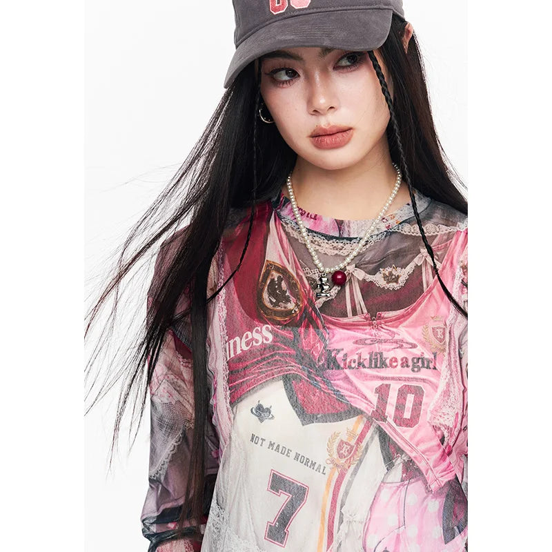 ELFSACK Mesh Long Sleeve T-shirt, Retro Jersey Print See-through Top, Cute Cat Patchwork Slim Tee for Women