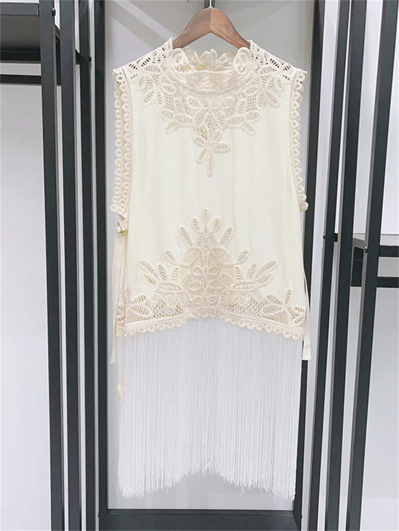 Summer 2026 Women Back Open Buttons Tshirt Tassel Hem Sleeveless Hollow Out Side Strap Stand Collar Ladies 2 Colors Tops