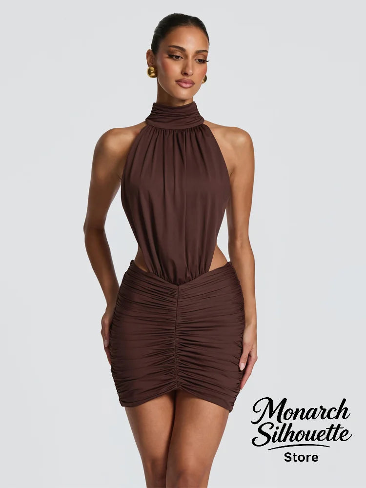 Chic Sleeveless Pleated Slim Mini Dress Women Sexy Solid Backless Hollow Out Round Collar Dresses Lady Evening Party Vestidos