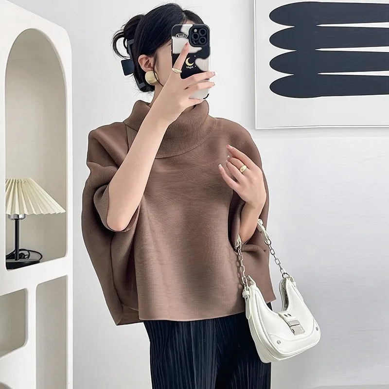 Miyake Pleated Scarf Collar Top 2026 New Simple Casual Batwing Sleeve Top T-Shirt Women's Plus Size Stretch Fashion Clothing