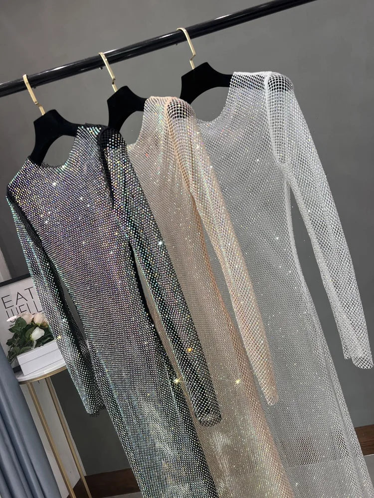 Club Apparel Sexy Rhinestone Dresses Long Sleeve Extra Diamond Dress