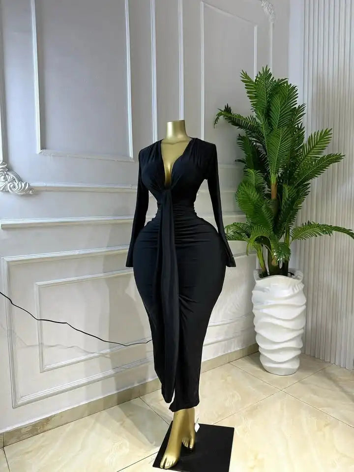 GLCMYAYA Women Long Sleeve Bowknot Deep V-neck Bodycon Midi Maxi Dress 2026 Birthday Holiday Party Trendy Long Dresses Vestidos