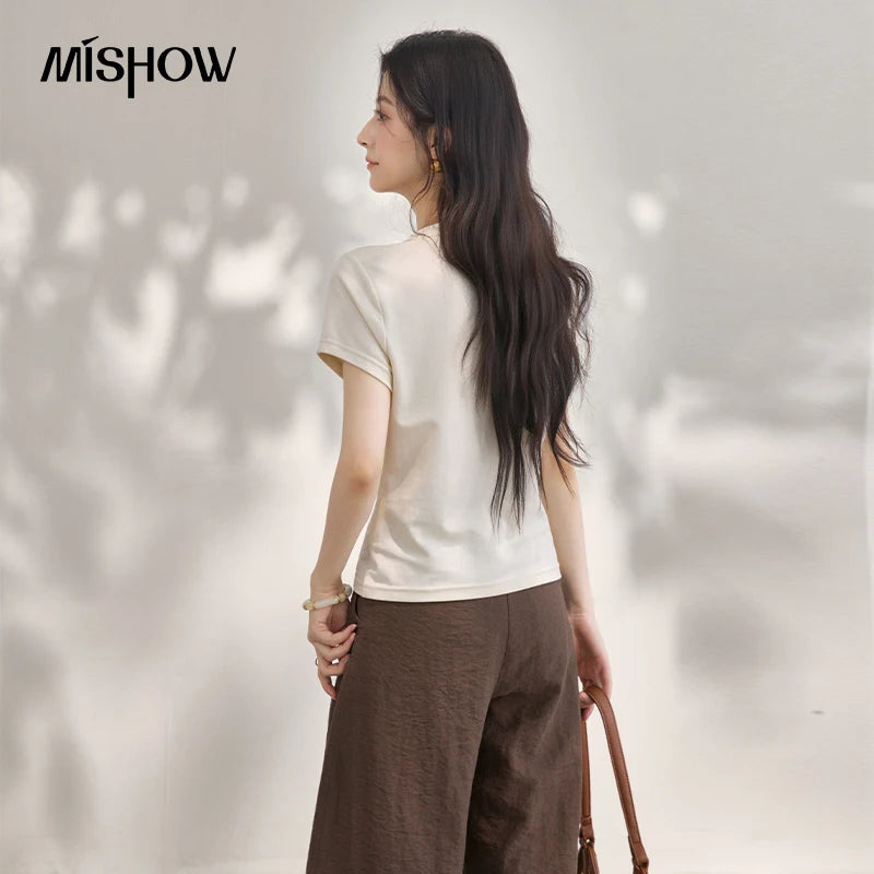 MISHOW Casual Fashion Cat Printed Beading T-Shirt For Women 2026 Summer Cute Design Round Neck Short Sleeve Top MXF24T1615