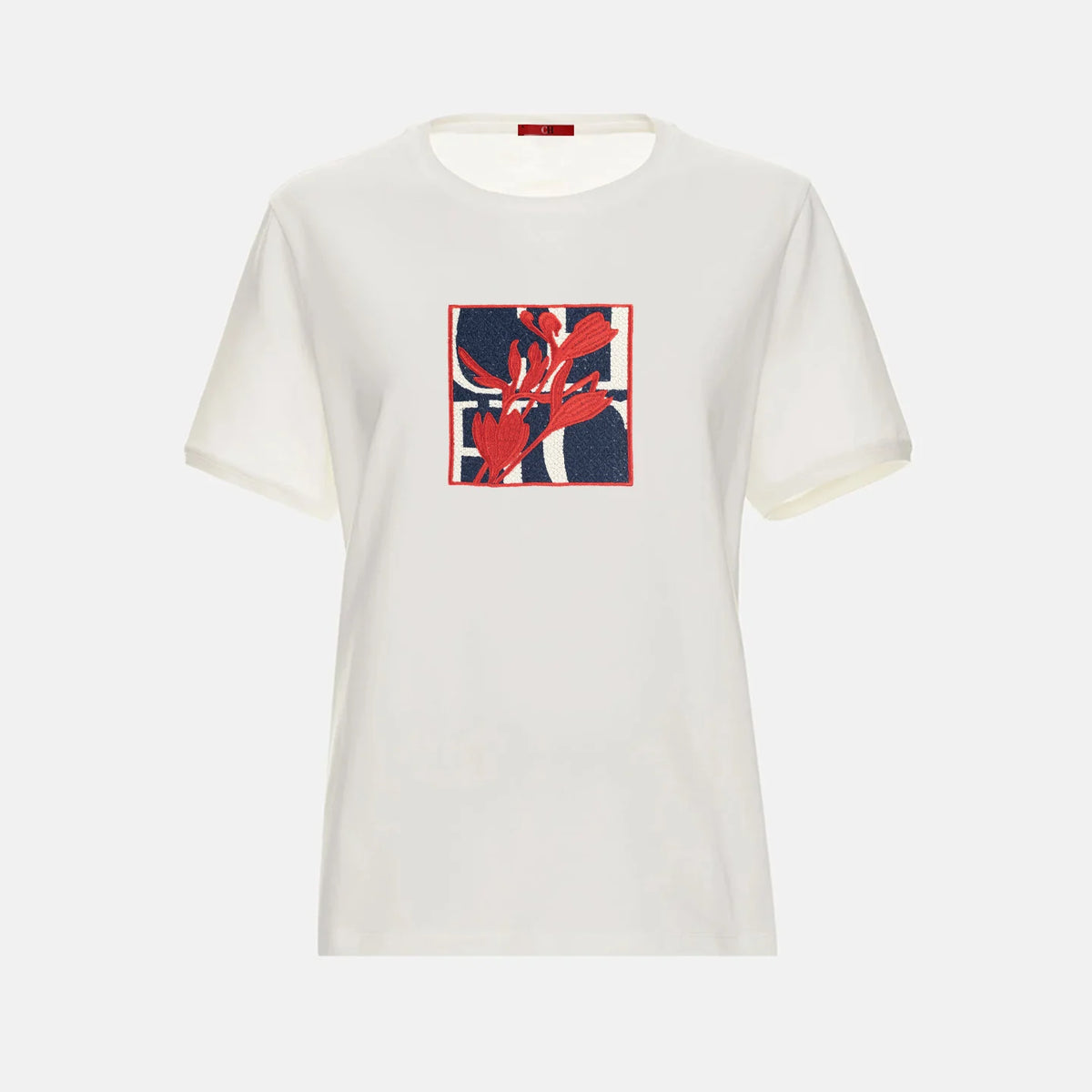 CH Women's Short-Sleeved T-Shirt, with a Round Neckline and Featuring a Red Floral embroidery Design, a Casual Everyday Top
