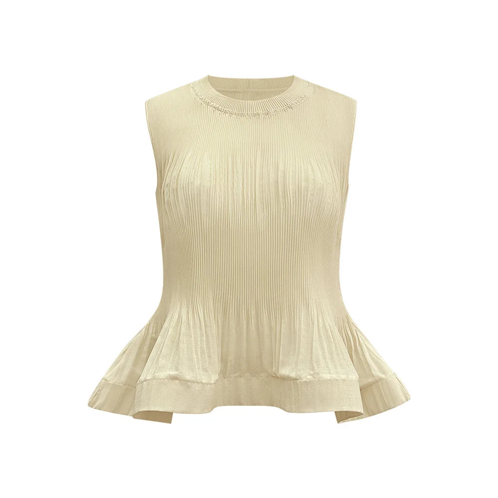 Pleated T-Shirt Top 2026 Summer New Ruffled Sleeveless Vest Simple Elegant Fashion Cake Skirt Elegant Women Travel Outfit