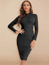 BEAUKEY Sexy Red Bandage Dress 2023 Nude Turtleneck Long Sleeves Office Bodycon Dress Cross Criss Women Midi Vestidos Maxi XL